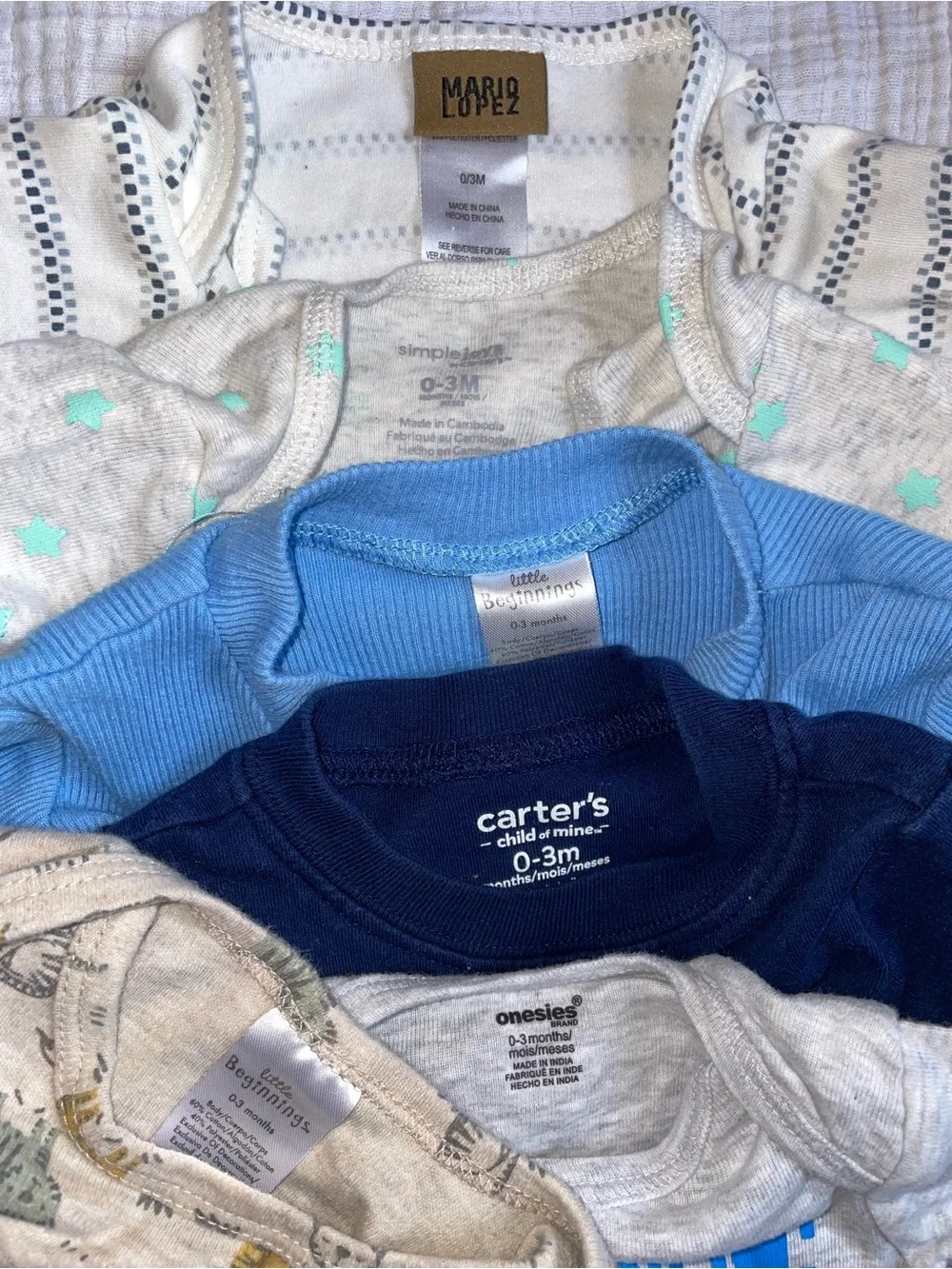 Bundle of Baby Boy One-Pieces in Navy, Light Blue, Gray, Cream, and White